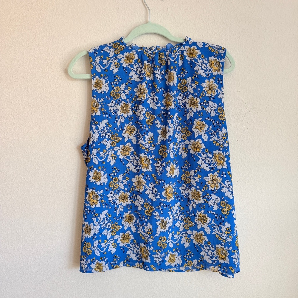 J. Crew Bright Blue White and Yellow Sleeveless Floral Tie-Neck Blouse - Picture 2 of 5